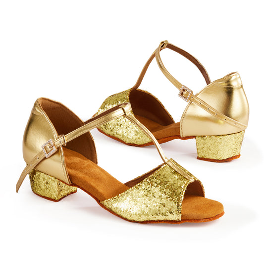 missfiona Girls Glitter T-strap Ballroom Party Dancing Shoes Women Pu Leather Beginner Low Heels