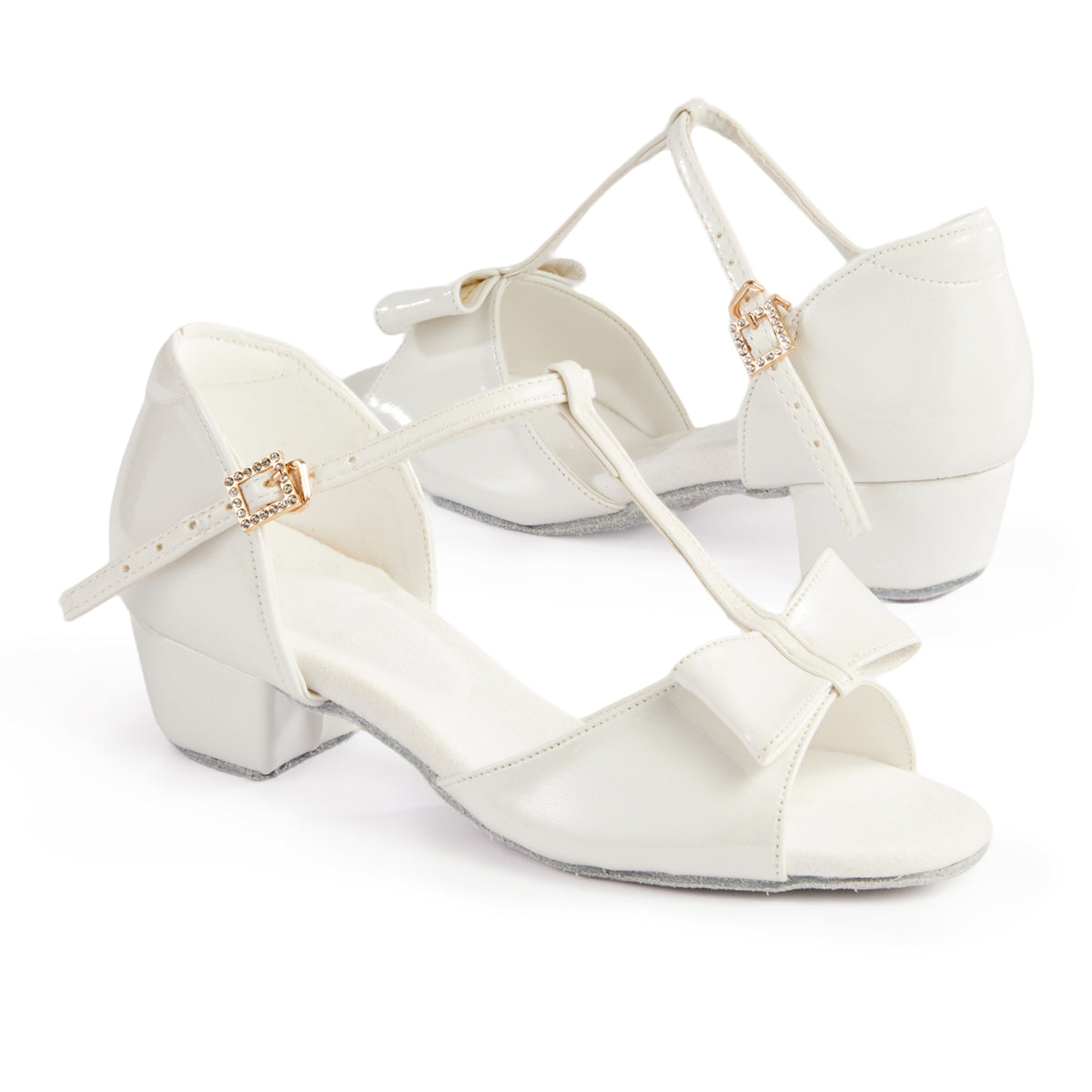 missfiona Kids White Latin Dance Shoes with Suede Sole Girls Womens Bowknot T-strap Beginner Salsa Shoes