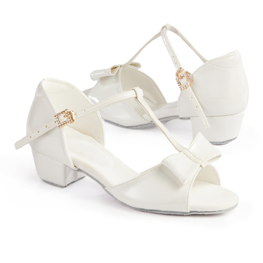 missfiona Kids White Latin Dance Shoes with Suede Sole Girls Womens Bowknot T-strap Beginner Salsa Shoes