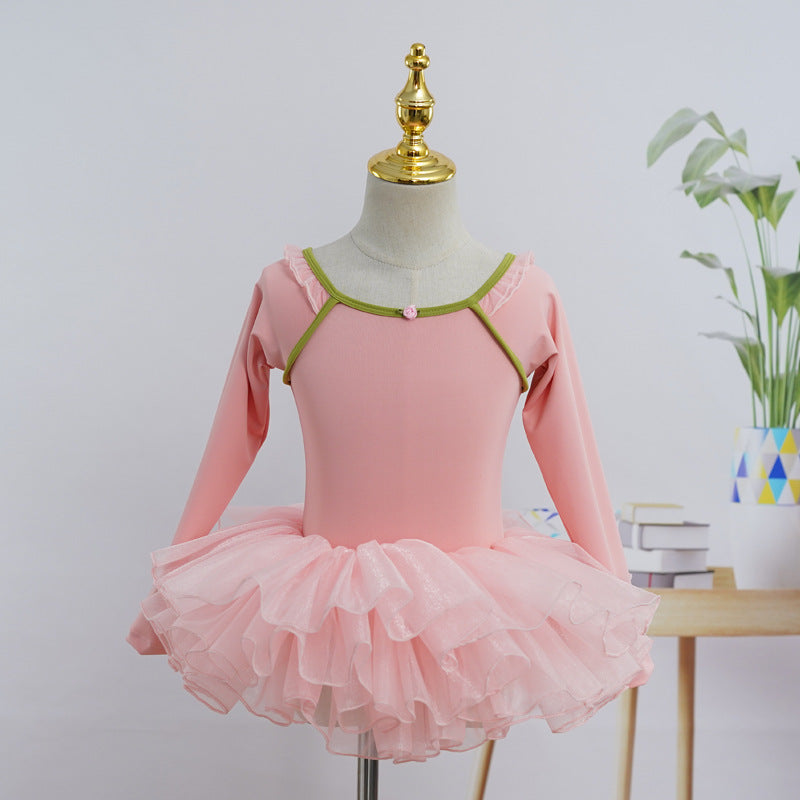 New Design Girls Long Sleeve Ballet Training Dance Wear 2 Piece Set Gymnastic Leotard with Skirt Pink