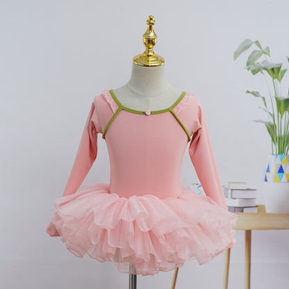 New Design Girls Long Sleeve Ballet Training Dance Wear 2 Piece Set Gymnastic Leotard with Skirt Pink