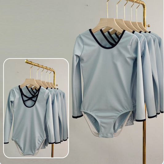 missfiona Blue Long Sleeves Ballet Dance Leotard Set Girls Low Back Dance Activewear