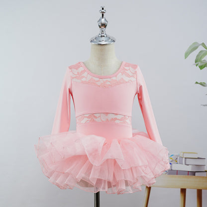 Girls Floral Lace Ballet Leotard Dress Long Sleeves Sheer Waistline Dance Activewear with Tutu Skirt