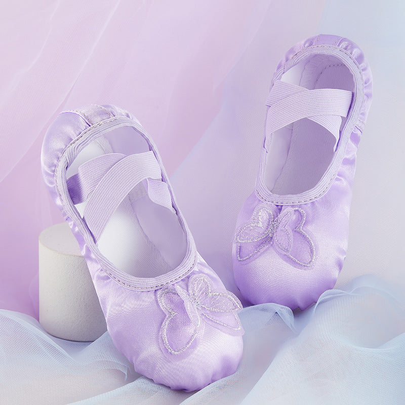missfiona Girls Satin Ballet Shoes Butterfly Dance Slippers for Toddler/Kid with Split Leather Sole