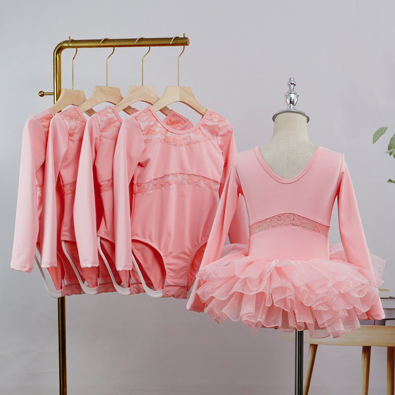 Girls Floral Lace Ballet Leotard Dress Long Sleeves Sheer Waistline Dance Activewear with Tutu Skirt