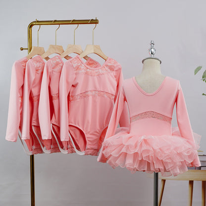 Girls Floral Lace Ballet Leotard Dress Long Sleeves Sheer Waistline Dance Activewear with Tutu Skirt
