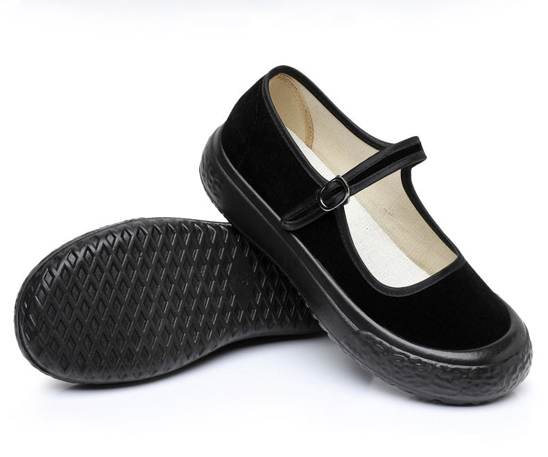 missfiona Womens Black Mary Jane Flat Shoes Old Beijing Cloth Work Shoes Thick-sole