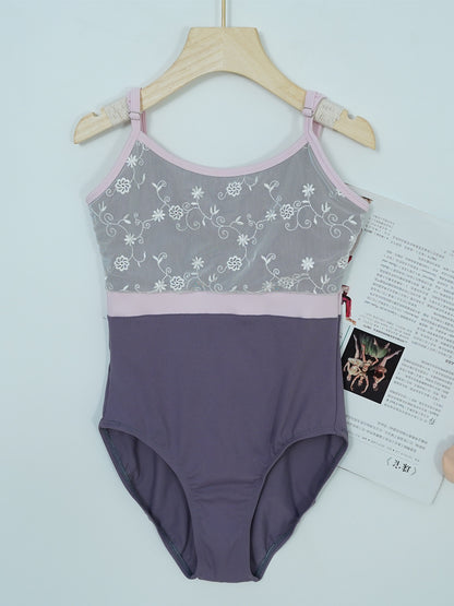 missfiona Girls Colorblocked Ballet Dance Leotards Lace Top V Neck Back Activewear