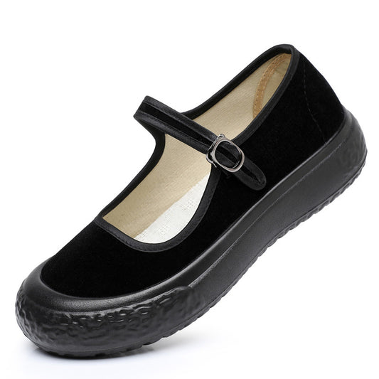 missfiona Womens Black Mary Jane Flat Shoes Old Beijing Cloth Work Shoes Thick-sole