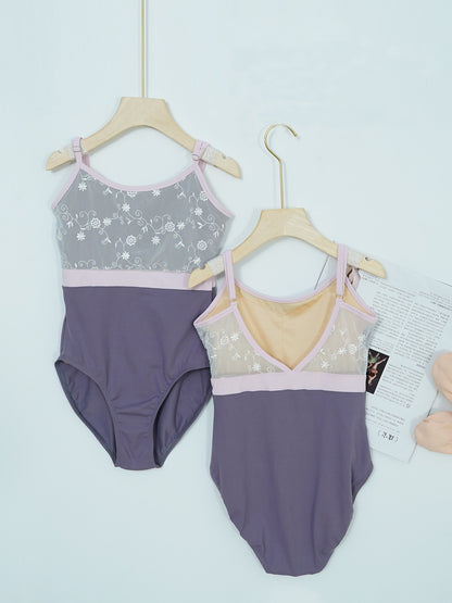 missfiona Girls Colorblocked Ballet Dance Leotards Lace Top V Neck Back Activewear