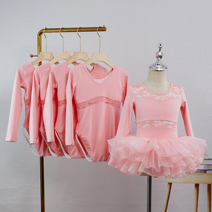Girls Floral Lace Ballet Leotard Dress Long Sleeves Sheer Waistline Dance Activewear with Tutu Skirt