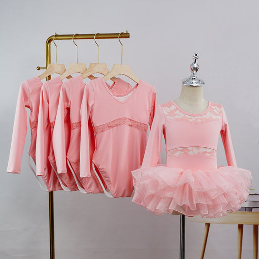 Girls Floral Lace Ballet Leotard Dress Long Sleeves Sheer Waistline Dance Activewear with Tutu Skirt