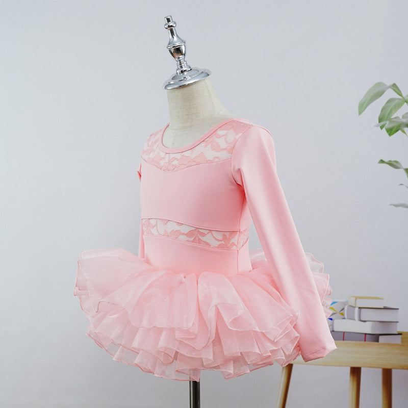 Girls Floral Lace Ballet Leotard Dress Long Sleeves Sheer Waistline Dance Activewear with Tutu Skirt