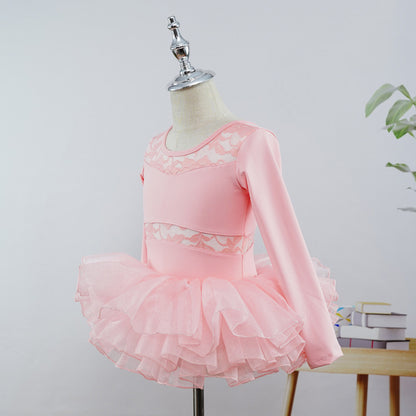 Girls Floral Lace Ballet Leotard Dress Long Sleeves Sheer Waistline Dance Activewear with Tutu Skirt