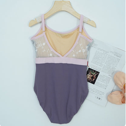 missfiona Girls Colorblocked Ballet Dance Leotards Lace Top V Neck Back Activewear