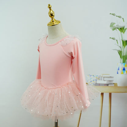 Sparkly Ruffled Lace Neckline Pink Long Sleeved Girls Ballet Leotard Dress Stage Performance Wear