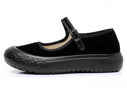 missfiona Womens Black Mary Jane Flat Shoes Old Beijing Cloth Work Shoes Thick-sole