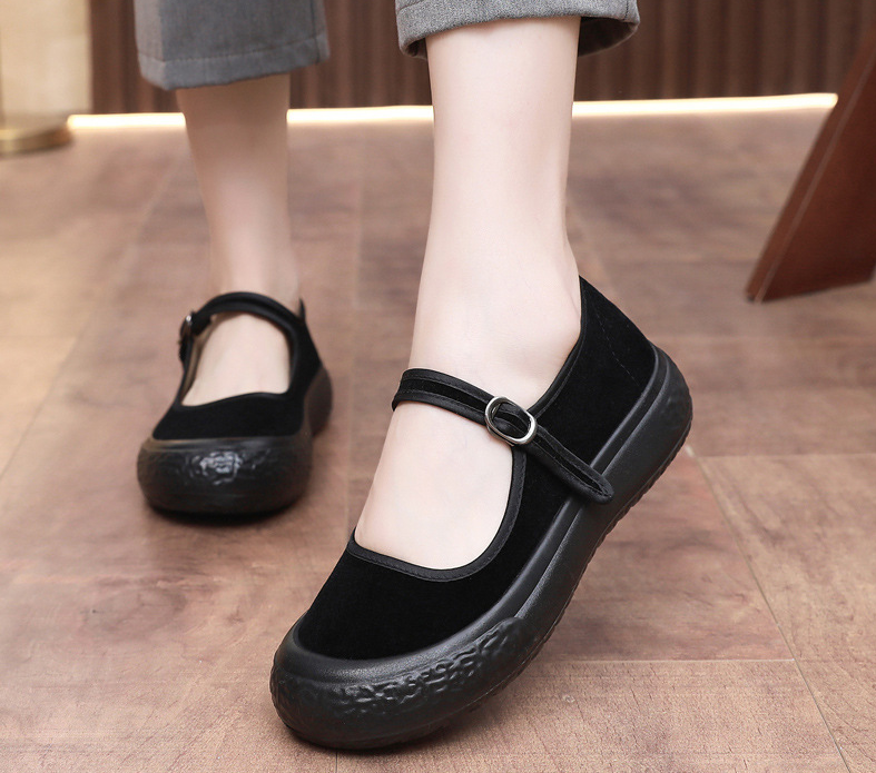 missfiona Womens Black Mary Jane Flat Shoes Old Beijing Cloth Work Shoes Thick-sole