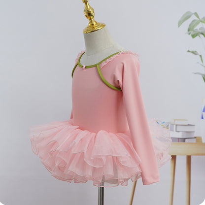 New Design Girls Long Sleeve Ballet Training Dance Wear 2 Piece Set Gymnastic Leotard with Skirt Pink