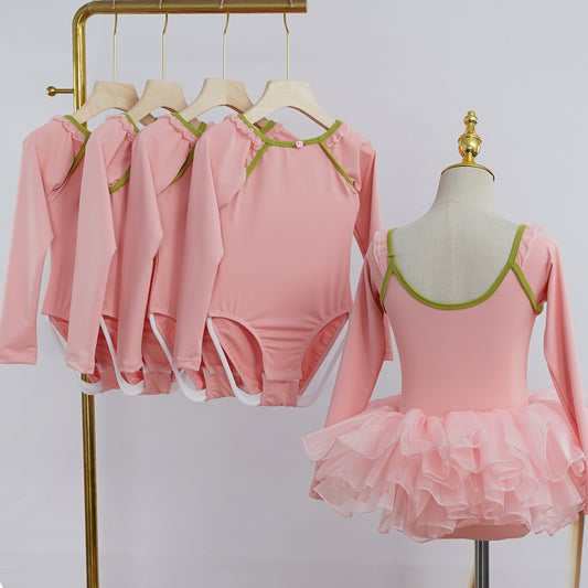 New Design Girls Long Sleeve Ballet Training Dance Wear 2 Piece Set Gymnastic Leotard with Skirt Pink