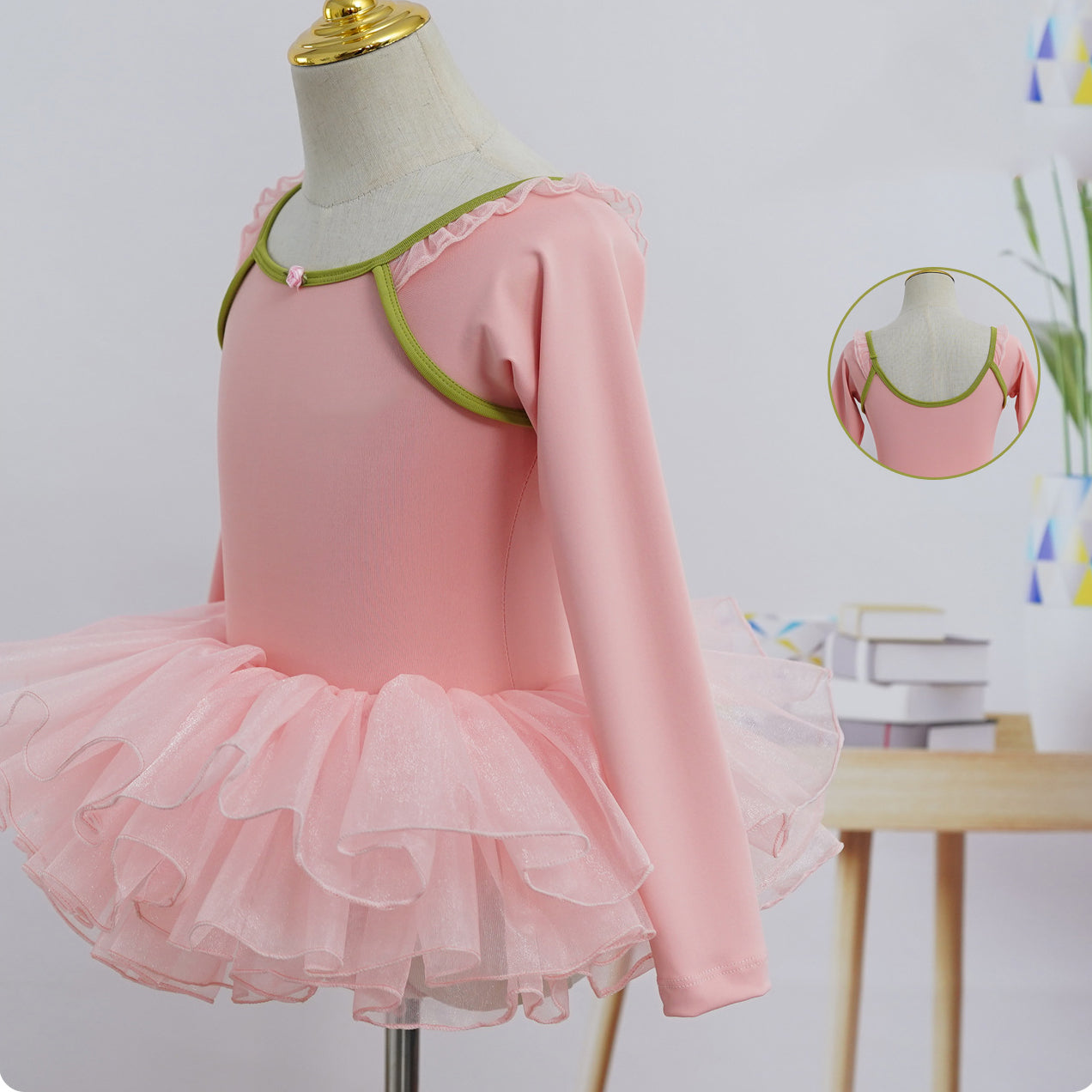 New Design Girls Long Sleeve Ballet Training Dance Wear 2 Piece Set Gymnastic Leotard with Skirt Pink