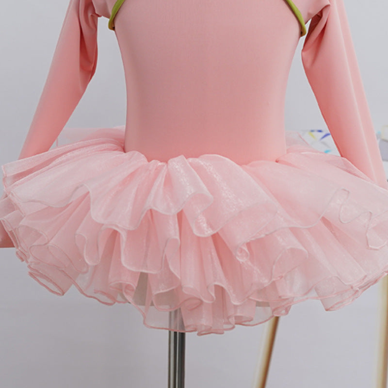 New Design Girls Long Sleeve Ballet Training Dance Wear 2 Piece Set Gymnastic Leotard with Skirt Pink