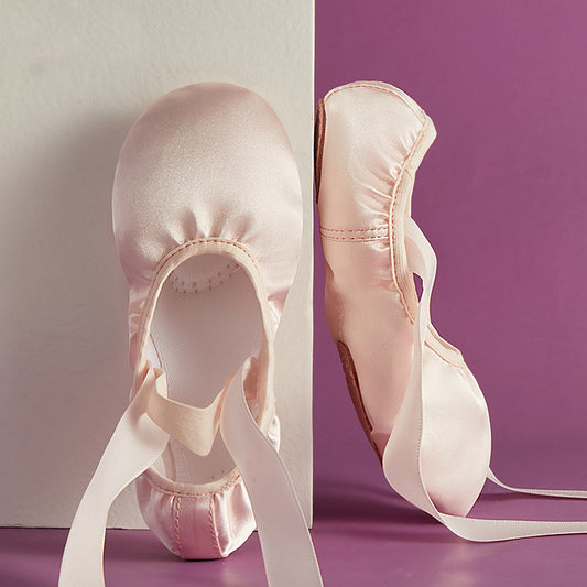 Girls Satin Ballet Shoes with Ribbon Split Sole Dance Gymnastics Performance Flats for Kids