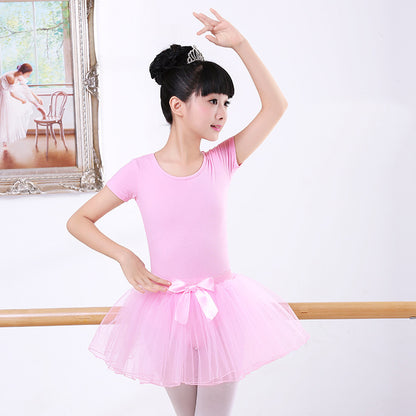 Girls Short Sleeve Ballet Dance Leotard Kids Mesh V Back Cotton Gymnastics Bodysuit
