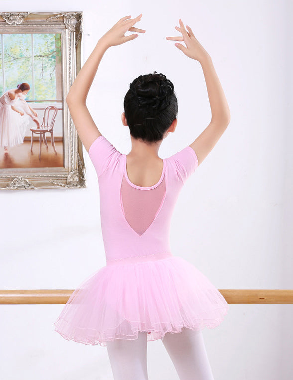 Girls Short Sleeve Ballet Dance Leotard Kids Mesh V Back Cotton Gymnastics Bodysuit