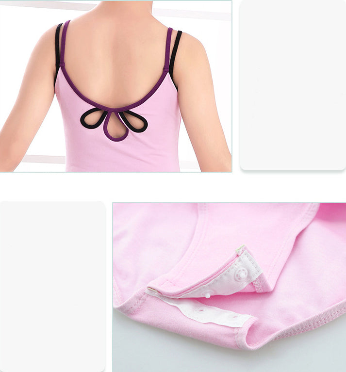 Girls Double Straps Pink Ballet Dance Leotards Cutout Cotton Dance Leotard with Snap Crotch