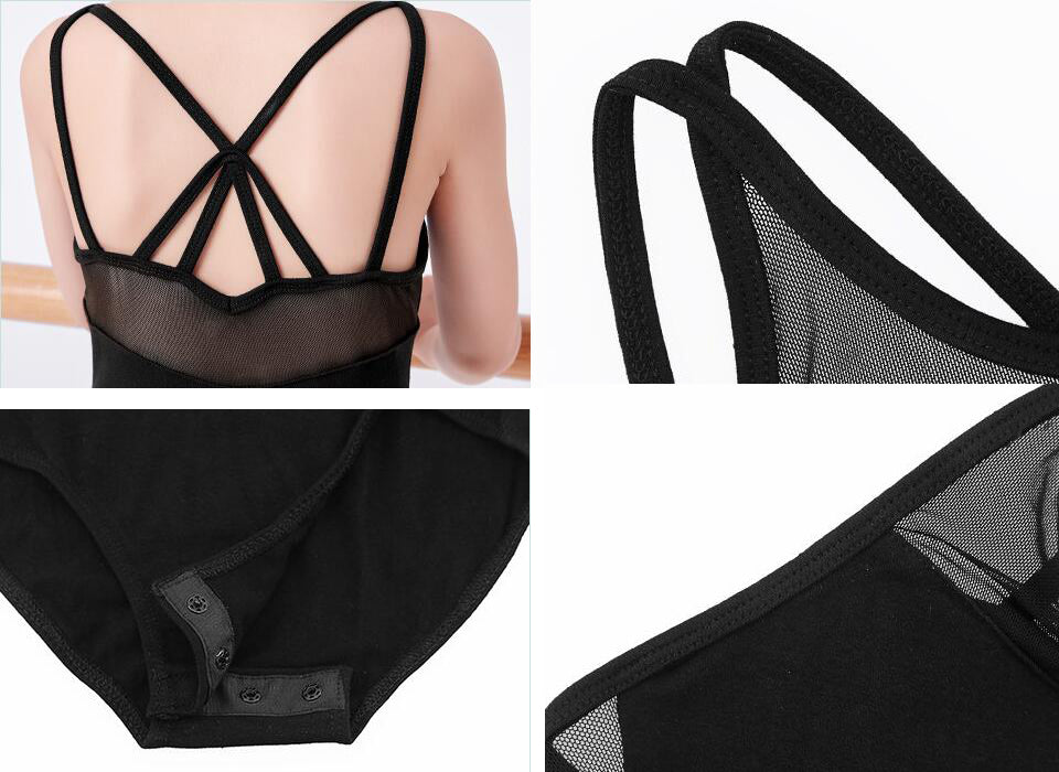 Girls Mesh Insert Tank Dance Leotard Cutout Straps Back Ballet Leotard Practice Wear
