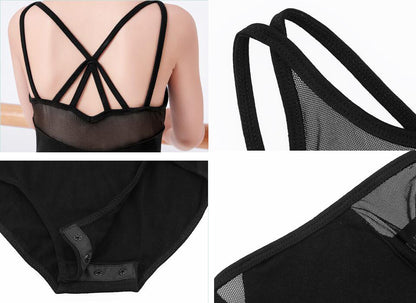 Girls Mesh Insert Tank Dance Leotard Cutout Straps Back Ballet Leotard Practice Wear