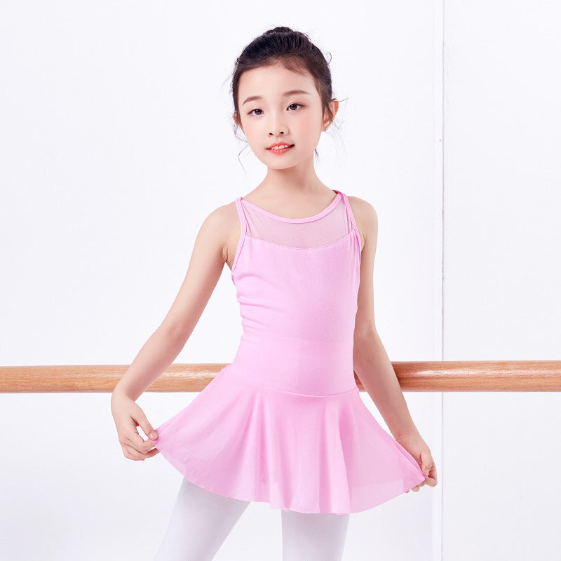 Girls Mesh Neck Skirted Snap Crotch Ballet Dance Leotards Sleeveless
