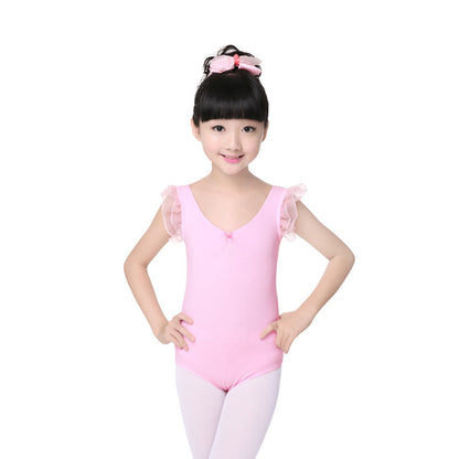 Girls Pink V Neck Dance Leotard Snap Crotch Ruffled Trim Sleeveless   Ballet Leotards Activewear