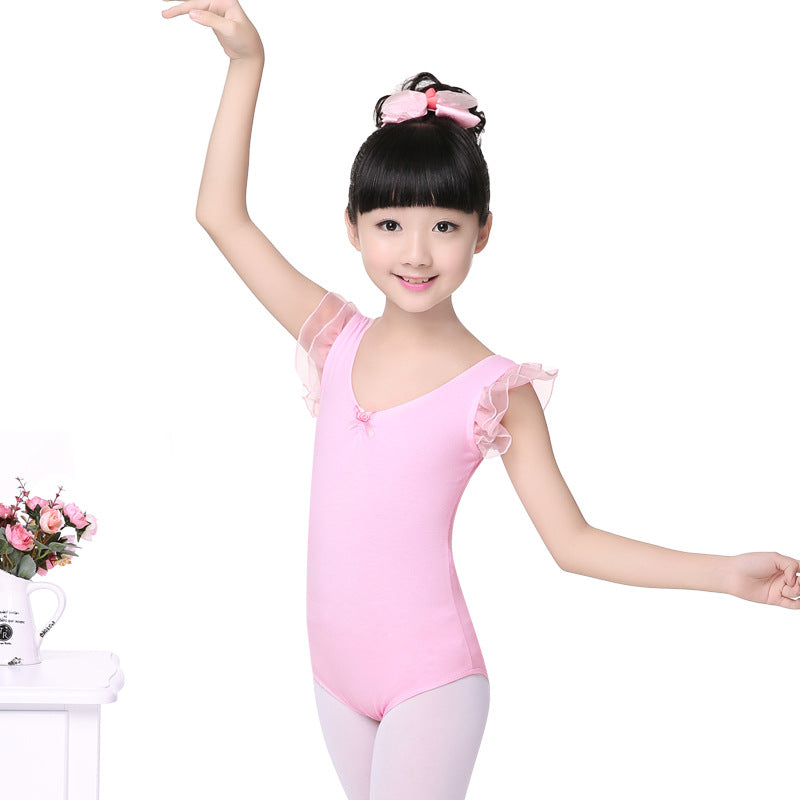 Girls Pink V Neck Dance Leotard Snap Crotch Ruffled Trim Sleeveless   Ballet Leotards Activewear