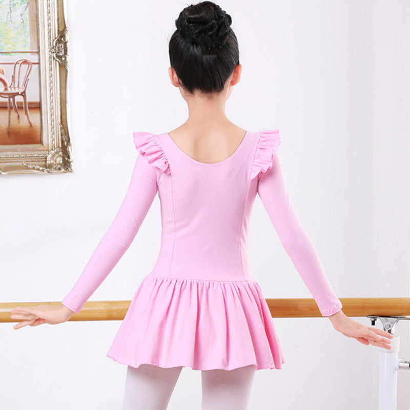 Girls Skirted Ballet Leotard Ruffled Shoulder Cotton Snap Crotch Dance Dress