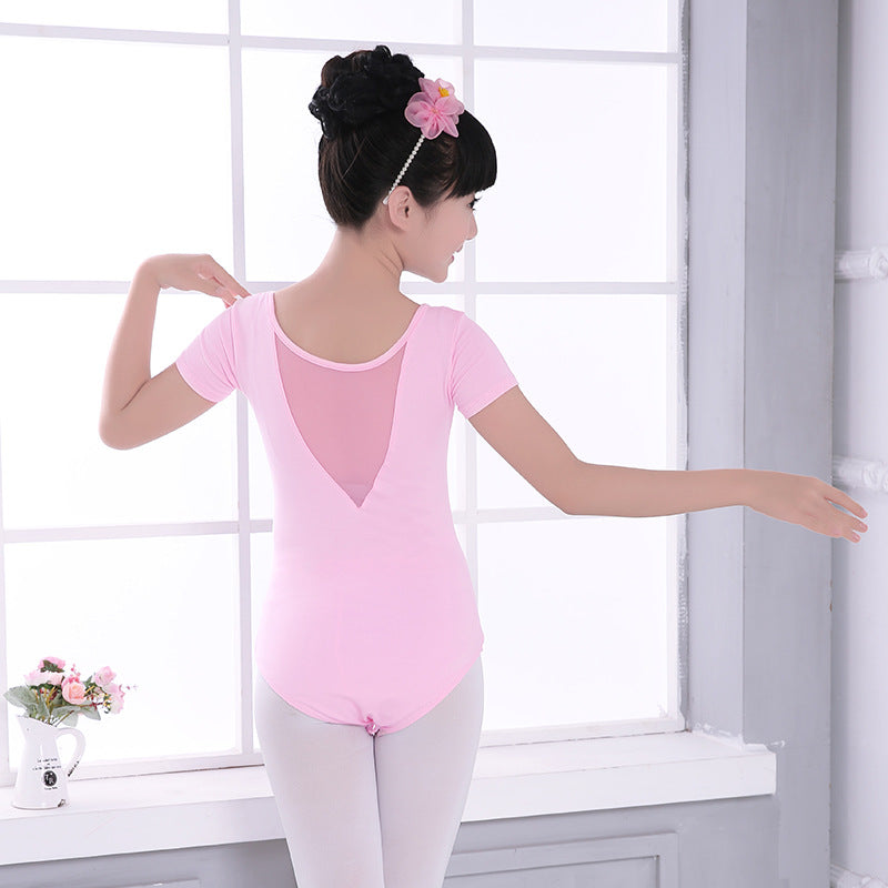 Girls Mesh V Back Basic Ballet Leotard Skirt Set Short Sleeves Cotton Dancewear Dress