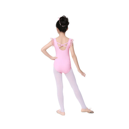 Girls Pink V Neck Dance Leotard Snap Crotch Ruffled Trim Sleeveless   Ballet Leotards Activewear