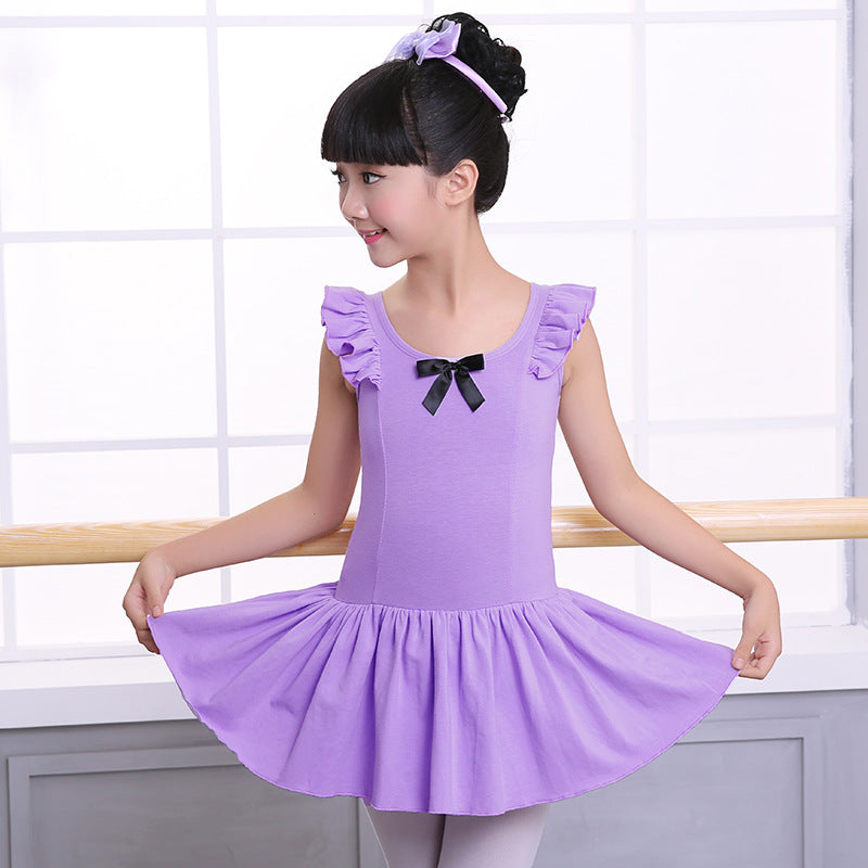 Girls Skirted Ballet Leotard Ruffled Shoulder Cotton Snap Crotch Dance Dress