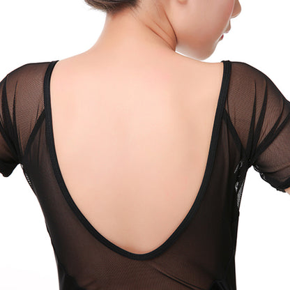 Girls Low Back Ballet Leotard Skirts Set Mesh Short Sleeves Two Piece Dancewear Gymnastics Bodysuit