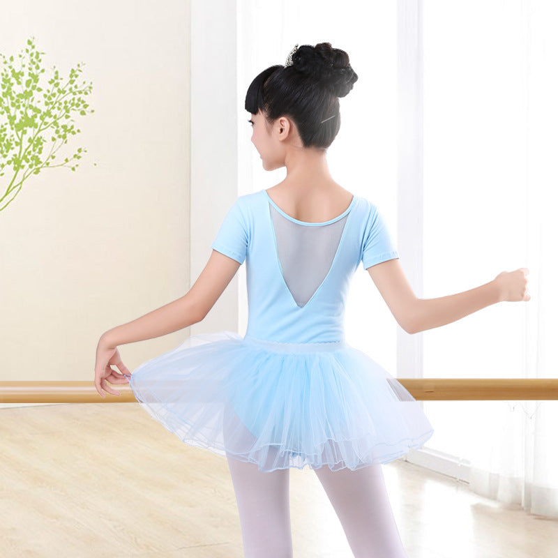 Girls Mesh V Back Basic Ballet Leotard Skirt Set Short Sleeves Cotton Dancewear Dress