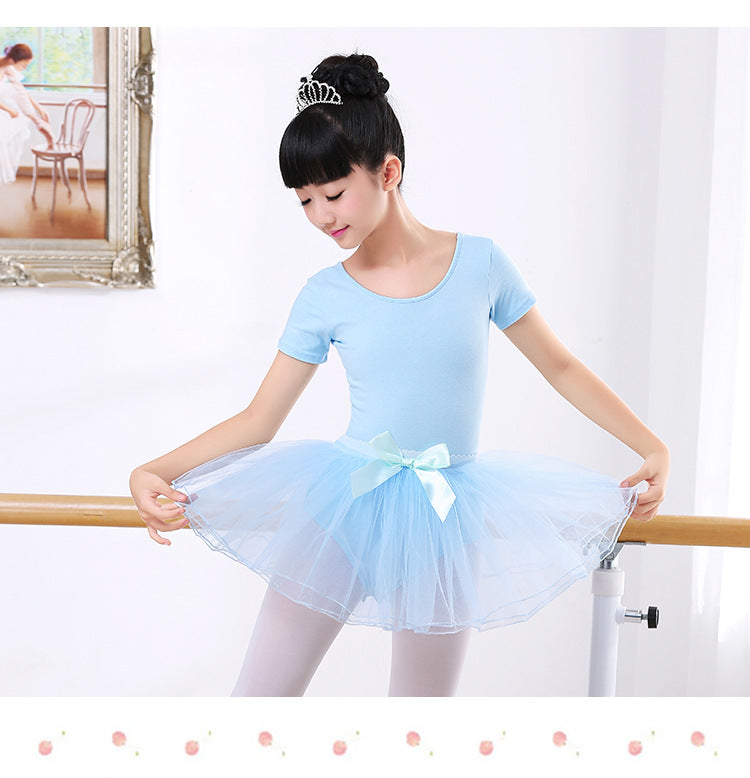 Girls Mesh V Back Basic Ballet Leotard Skirt Set Short Sleeves Cotton Dancewear Dress