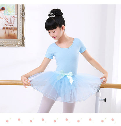 Girls Mesh V Back Basic Ballet Leotard Skirt Set Short Sleeves Cotton Dancewear Dress
