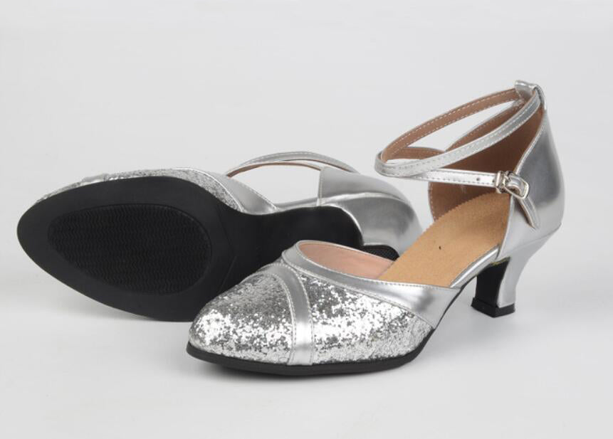 Womens Classic Glitter Ballroom Dance Shoes Close Toe Latin Tango Salsa Suede Sole Dancing Heels