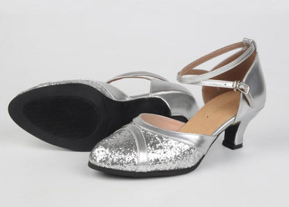 Womens Classic Glitter Ballroom Dance Shoes Close Toe Latin Tango Salsa Suede Sole Dancing Heels