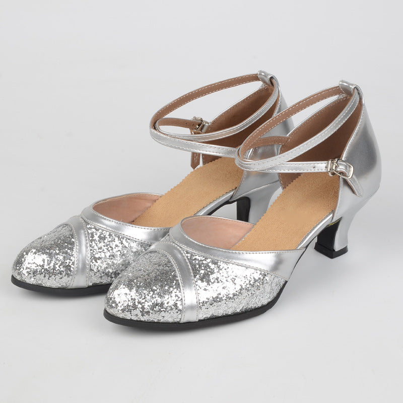 Womens Classic Glitter Ballroom Dance Shoes Close Toe Latin Tango Salsa Suede Sole Dancing Heels