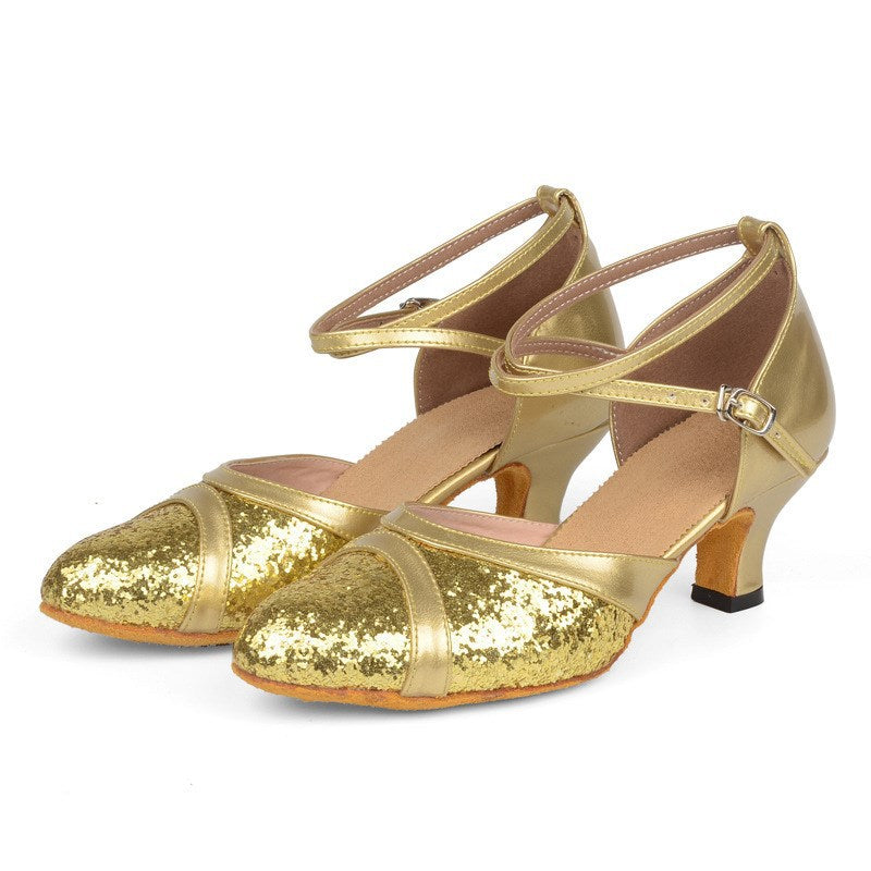 Womens Classic Glitter Ballroom Dance Shoes Close Toe Latin Tango Salsa Suede Sole Dancing Heels