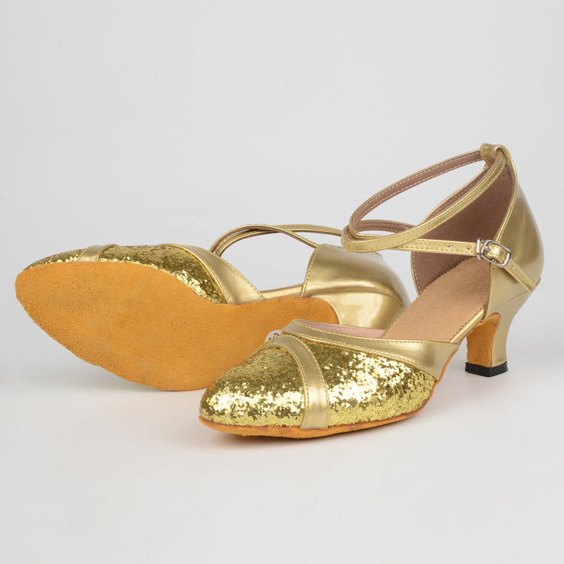Womens Classic Glitter Ballroom Dance Shoes Close Toe Latin Tango Salsa Suede Sole Dancing Heels