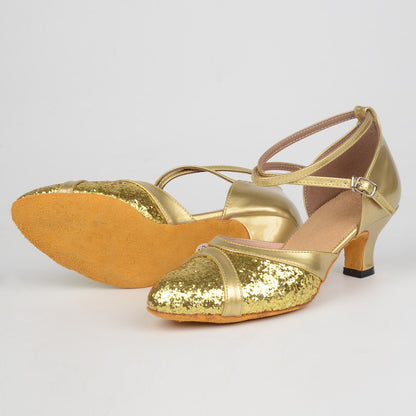 Womens Classic Glitter Ballroom Dance Shoes Close Toe Latin Tango Salsa Suede Sole Dancing Heels