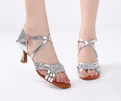Womens PU Leather Braided Latin Salsa Dance Shoes Ballroom Peep-Toe 6cm Dancing Heels